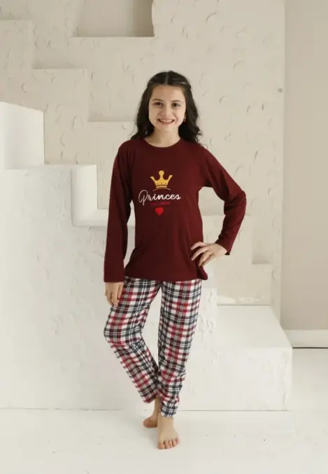 Pijama Fete, Mânecă Lungă si Pantaloni Lungi, Imprimeu Princes,Culoare Bordo,Engros